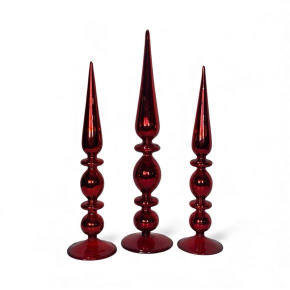Vintage Handblown Red Mercury Glass Tree Topper Set Of 3 Tabletop RARE FIND - Picture 2 of 11